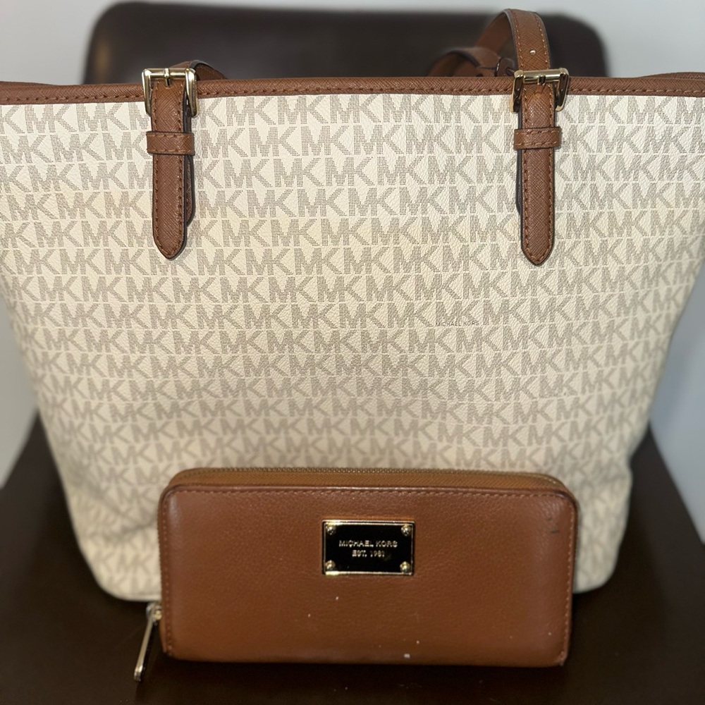 Michael Kors Signature Cream and Tan Tote